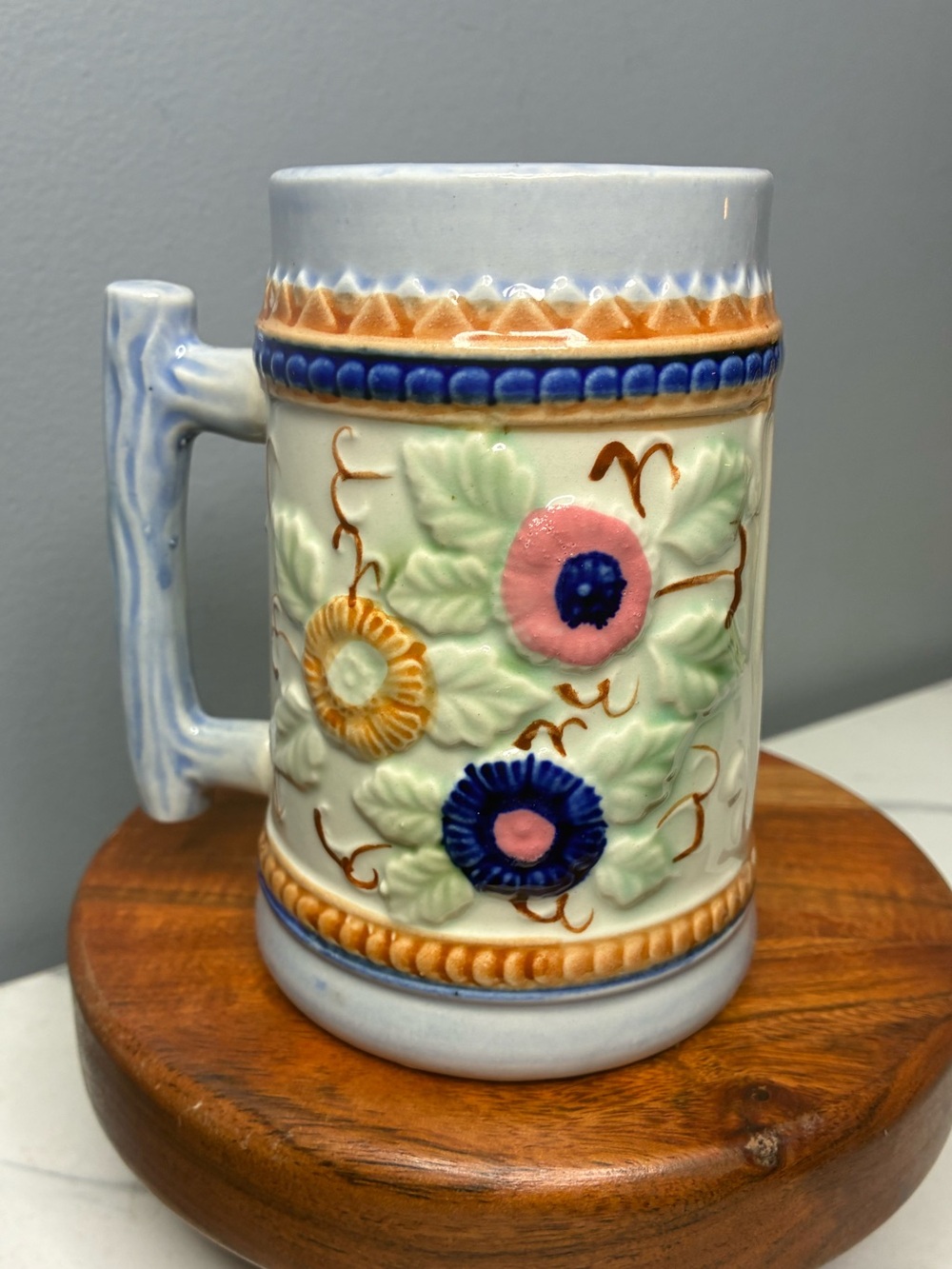 Vintage Japan Ceramic Beer Stein Mug Raised Floral Blue Pink Orange MCM